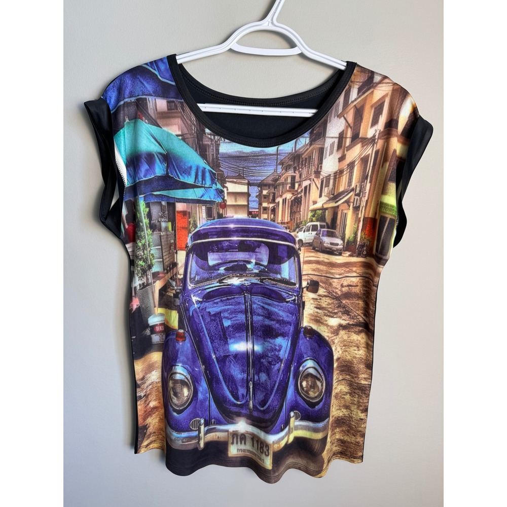 Punch Buggy Graphic Tee‎ Short Sleeve Street Scene Print Top Retro Artistic Art
